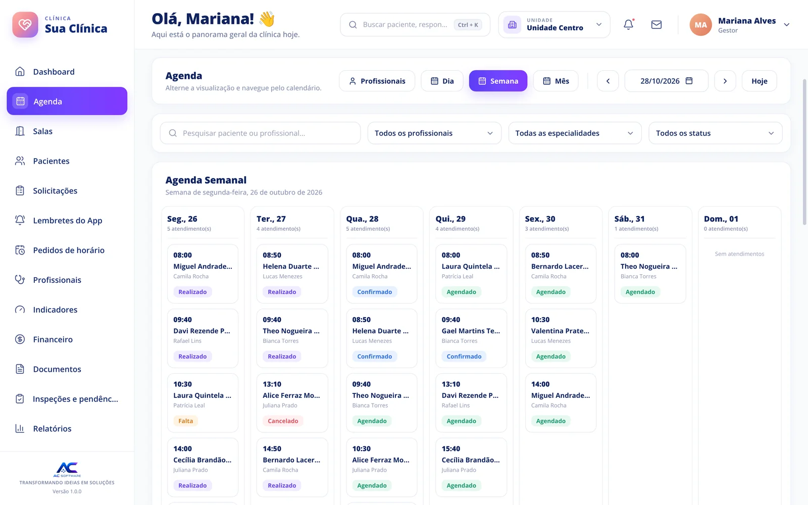 Agenda semanal com atendimentos por dia, profissional e status