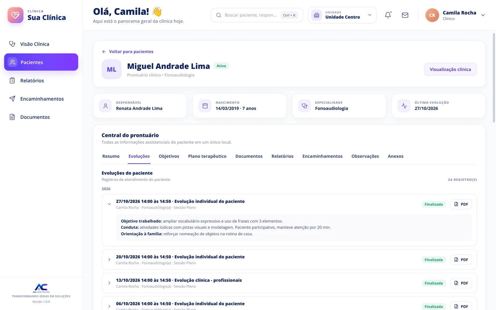 Central do prontuário com abas e lista de evoluções do paciente